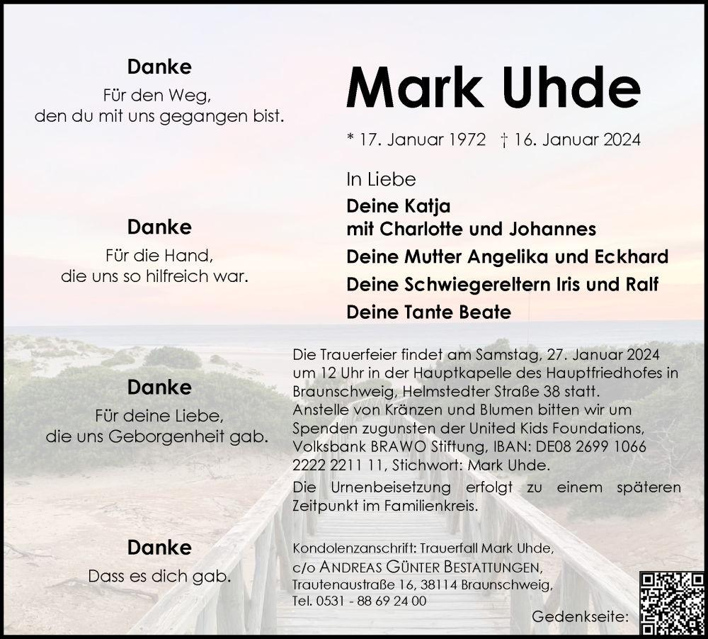  Traueranzeige für Mark Uhde vom 23.01.2024 aus Braunschweiger Zeitung