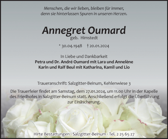 Traueranzeige von Annegret Oumard von Salzgitter-Zeitung