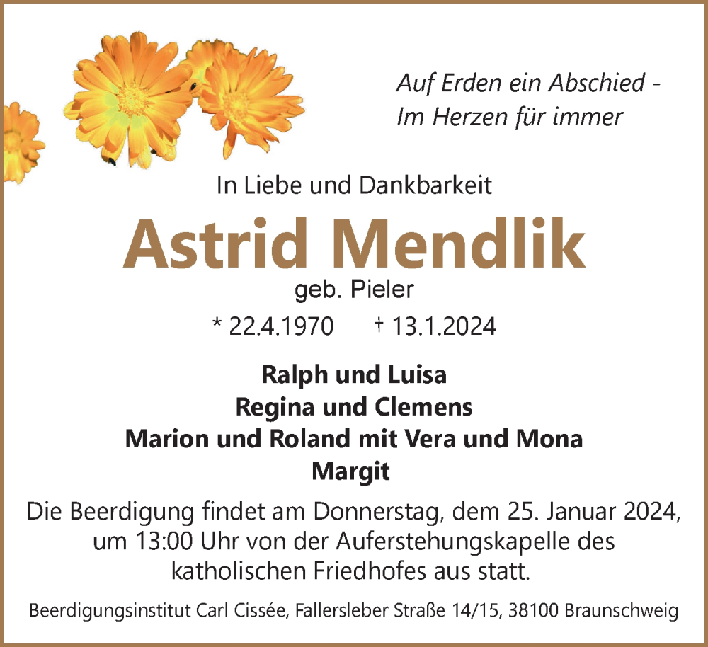  Traueranzeige für Astrid Mendlik vom 20.01.2024 aus Braunschweiger Zeitung