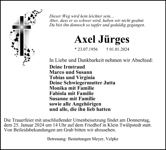 Traueranzeige von Axel Jürges von Wolfsburger Nachrichten