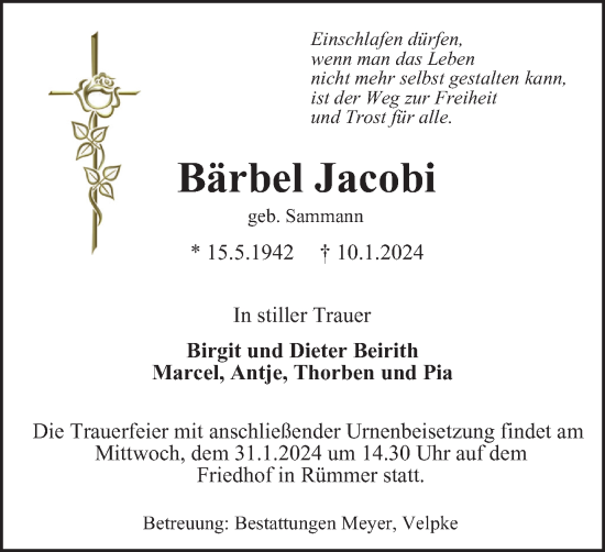 Traueranzeige von Bärbel Jacobi von Wolfsburger Nachrichten