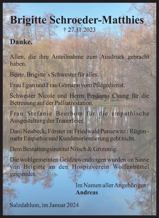 Traueranzeige von Brigitte Schroeder-Matthies von Braunschweiger Zeitung