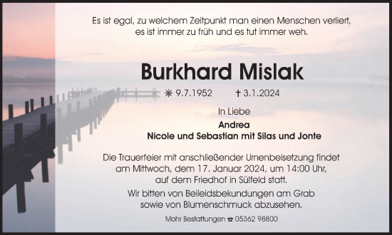 Traueranzeige von Burkhard Mislak von Wolfsburger Nachrichten