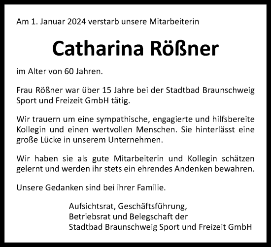 Traueranzeige von Catharina Rößner von Braunschweiger Zeitung