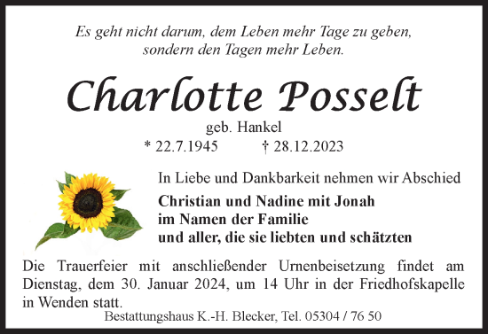 Traueranzeige von Charlotte Posselt von Braunschweiger Zeitung