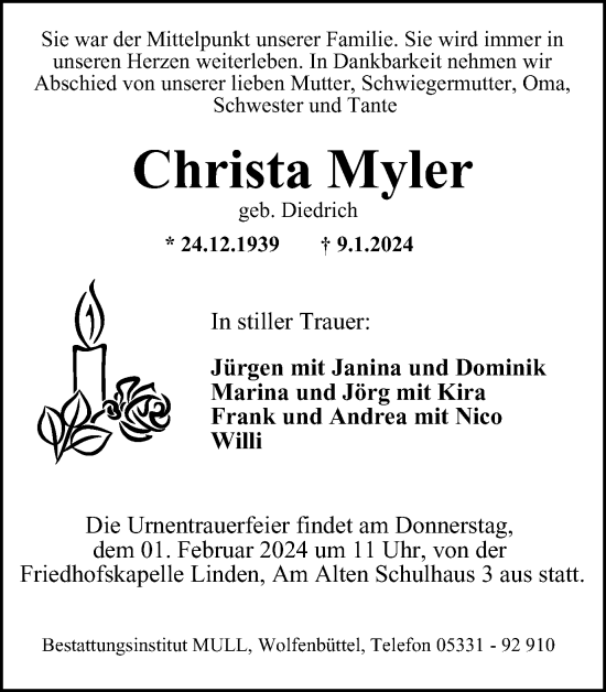 Traueranzeige von Christa Myler von Braunschweiger Zeitung