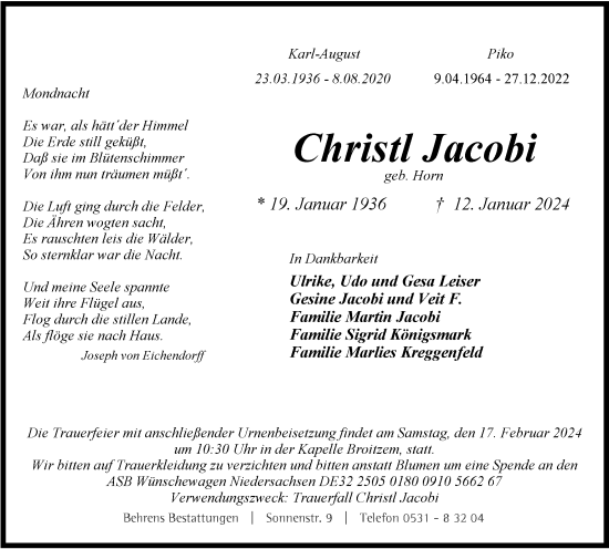 Traueranzeige von Christl Jacobi von Braunschweiger Zeitung