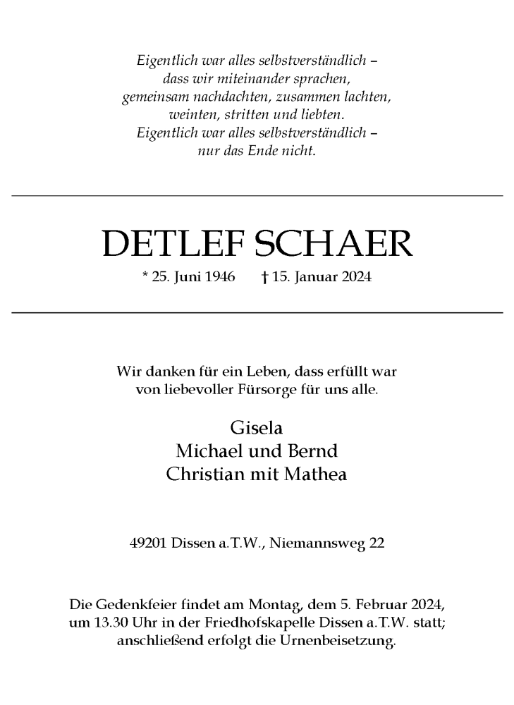  Traueranzeige für Detlef Schaer vom 26.01.2024 aus Braunschweiger Zeitung