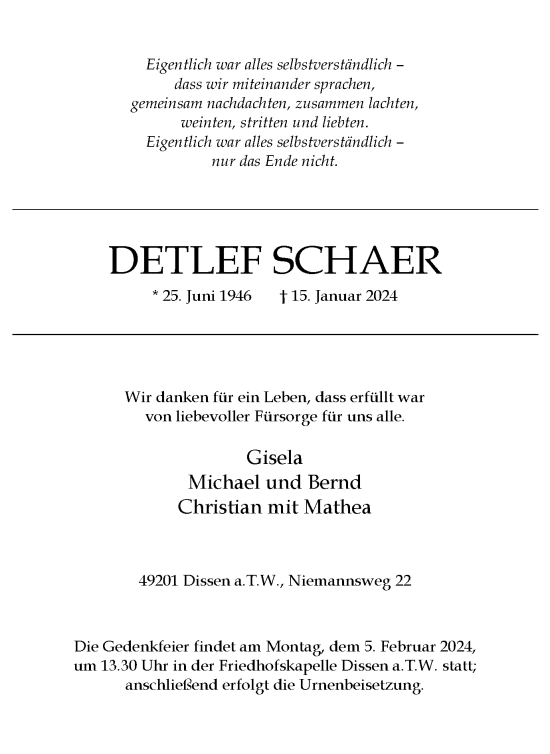 Traueranzeige von Detlef Schaer von Braunschweiger Zeitung