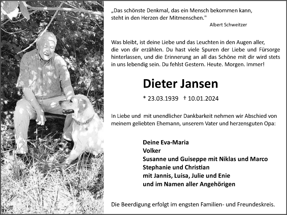  Traueranzeige für Dieter Jansen vom 16.01.2024 aus Wolfsburger Nachrichten