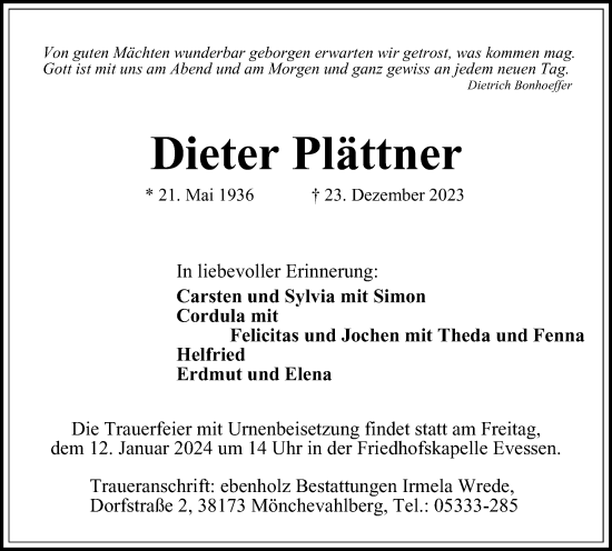 Traueranzeige von Dieter Plättner von Braunschweiger Zeitung
