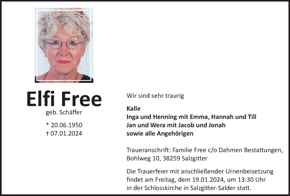  Traueranzeige für Elfi Free vom 13.01.2024 aus Salzgitter-Zeitung