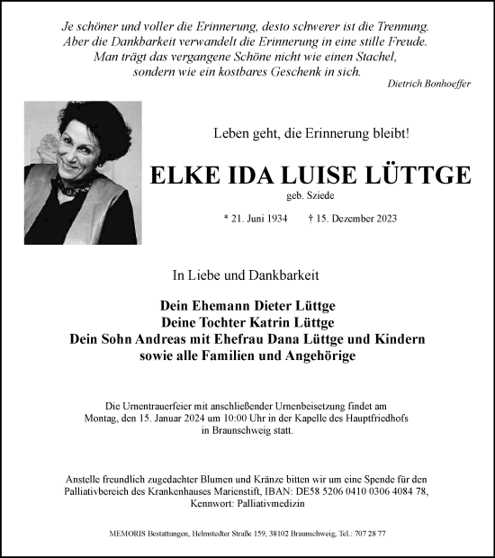 Traueranzeige von Elke Ida Luise Lüttge von Braunschweiger Zeitung