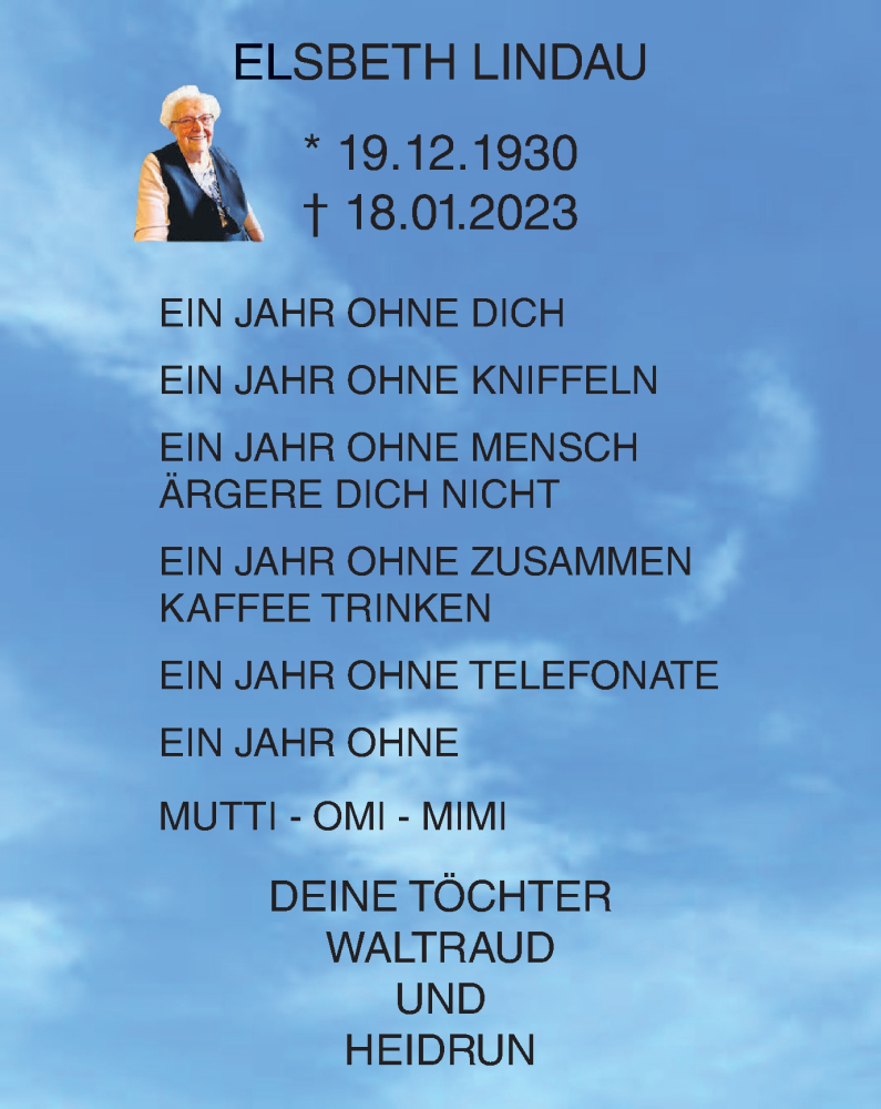  Traueranzeige für Elsbeth Lindau vom 18.01.2024 aus Braunschweiger Zeitung