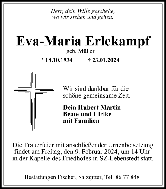 Traueranzeige von Eva-Maria Erlekampf von Salzgitter-Zeitung