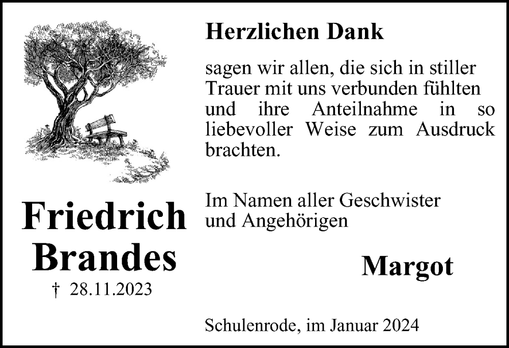  Traueranzeige für Friedrich Brandes vom 06.01.2024 aus Wolfenbütteler Zeitung