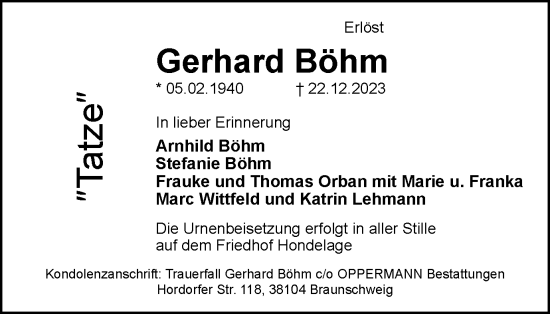Traueranzeige von Gerhard Böhm von Braunschweiger Zeitung