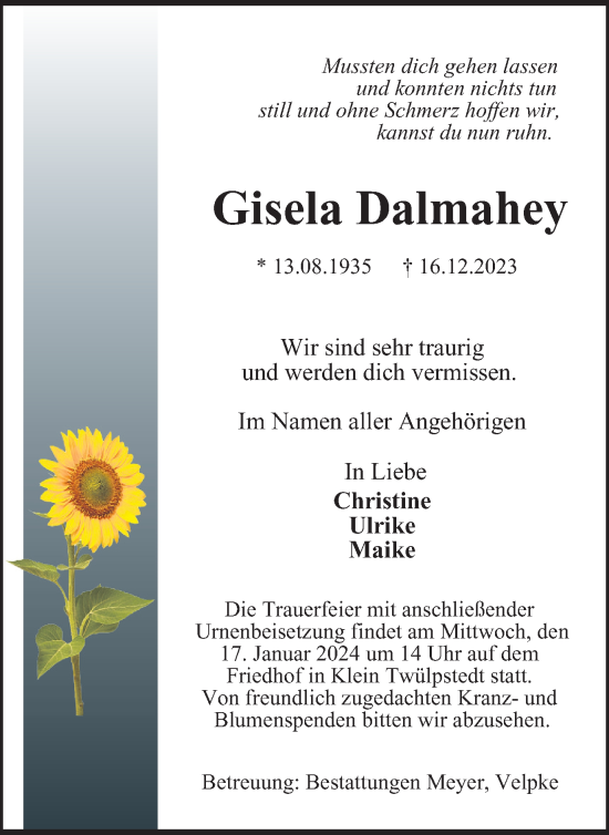 Traueranzeige von Gisela Dalmahey von Wolfsburger Nachrichten
