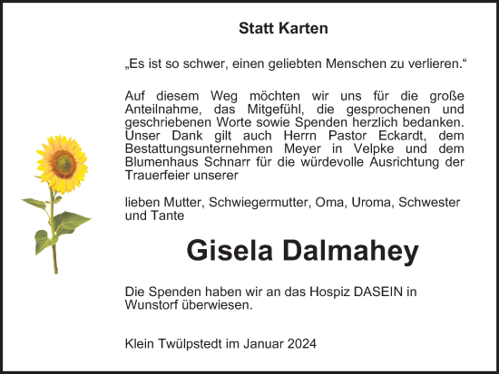 Traueranzeige von Gisela Dalmahey von Wolfsburger Nachrichten