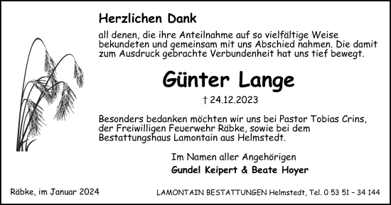 Traueranzeige von Günter Lange von Helmstedter Nachrichten