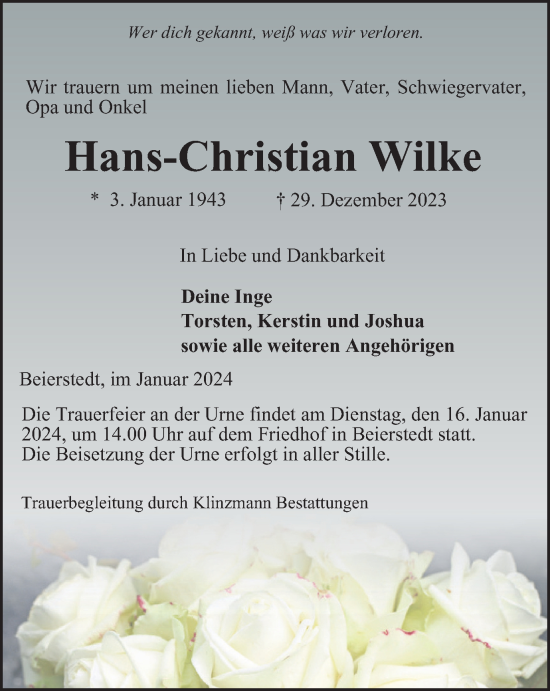 Traueranzeige von Hans-Christian Wilke von Helmstedter Nachrichten