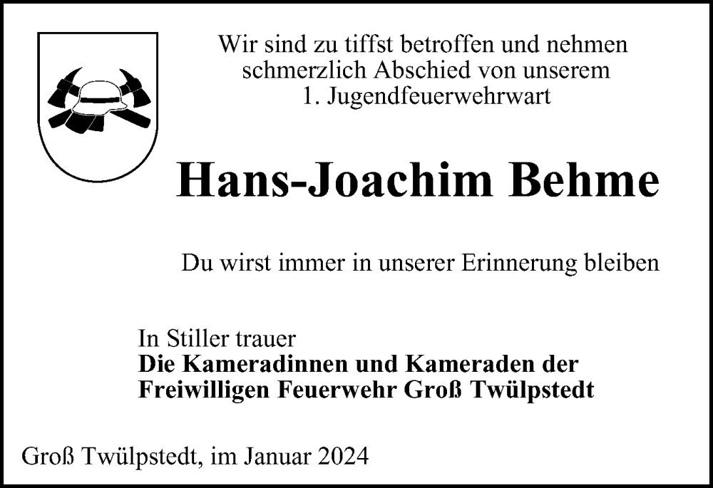 Traueranzeigen von HansJoachim Behme trauer38.de
