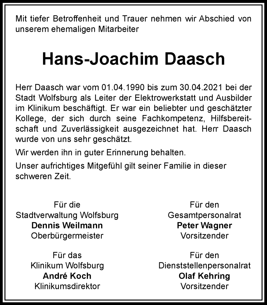  Traueranzeige für Hans-Joachim Daasch vom 13.01.2024 aus Wolfsburger Nachrichten