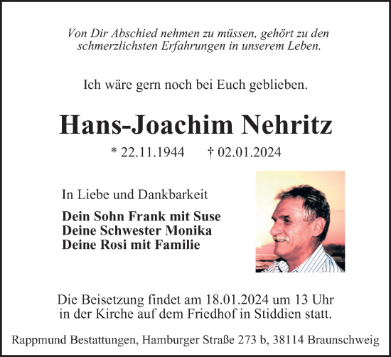 Traueranzeige von Hans-Joachim Nehritz von Braunschweiger Zeitung