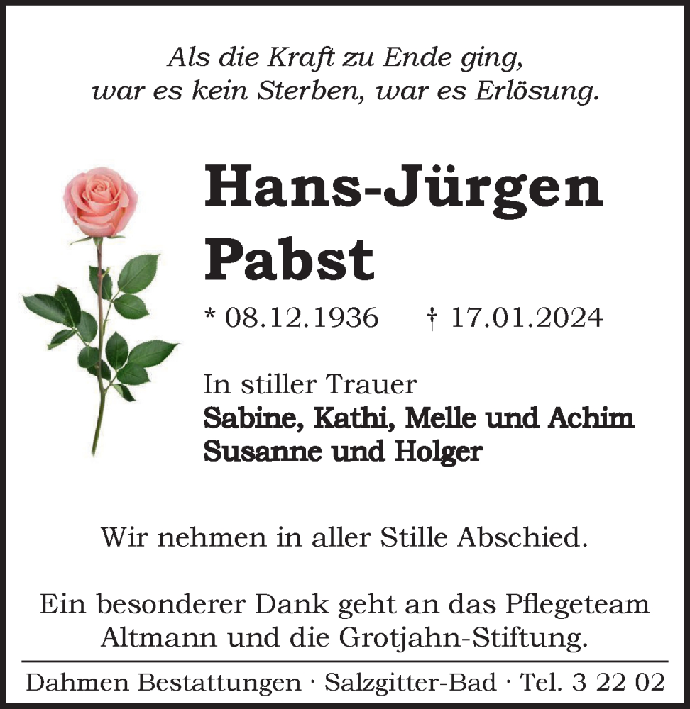 Traueranzeige für Hans-Jürgen Pabst vom 20.01.2024 aus Salzgitter-Zeitung