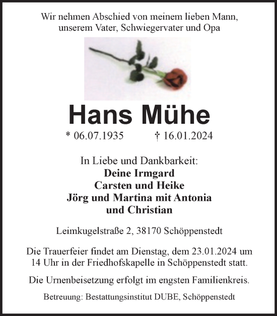 Traueranzeige von Hans Mühe von Wolfenbütteler Zeitung