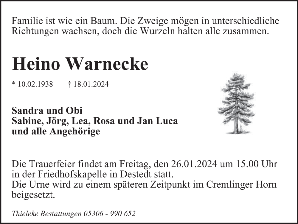  Traueranzeige für Heino Warnecke vom 23.01.2024 aus Braunschweiger Zeitung