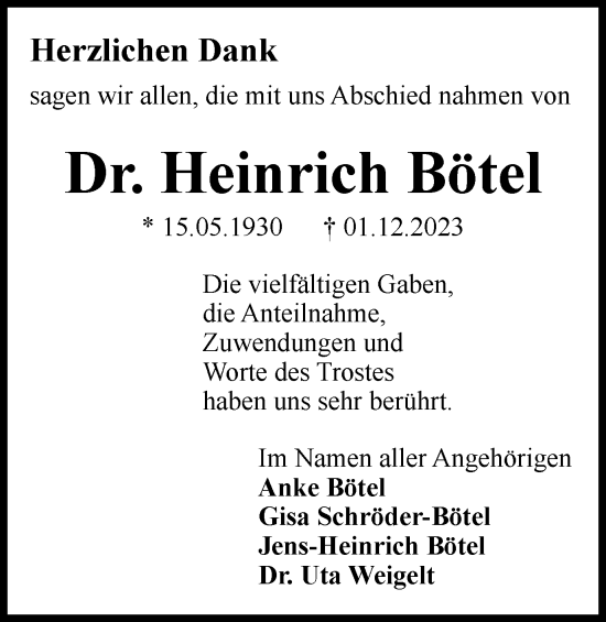Traueranzeige von Heinrich Bötel von Wolfenbütteler Zeitung