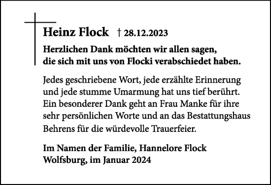 Traueranzeige von Heinz Flock von Wolfsburger Nachrichten