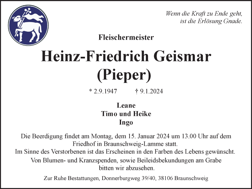  Traueranzeige für Heinz-Friedrich Geismar vom 13.01.2024 aus Braunschweiger Zeitung