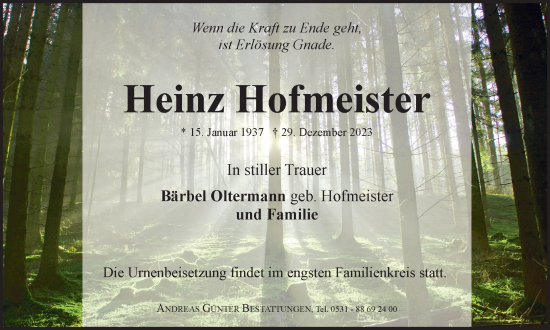 Traueranzeige von Heinz Hofmeister von Braunschweiger Zeitung