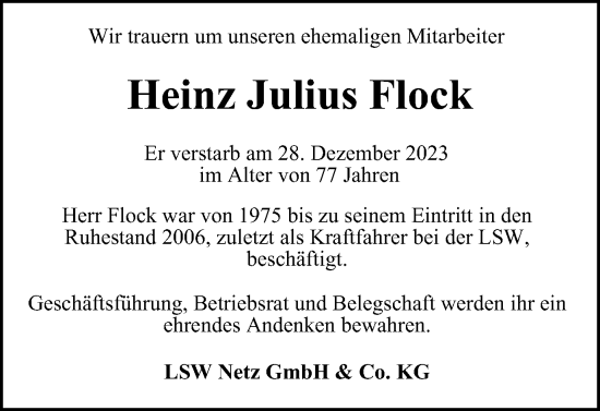 Traueranzeige von Heinz Julius Flock von Wolfsburger Nachrichten