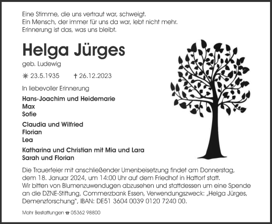 Traueranzeige von Helga Jürges von Wolfsburger Nachrichten