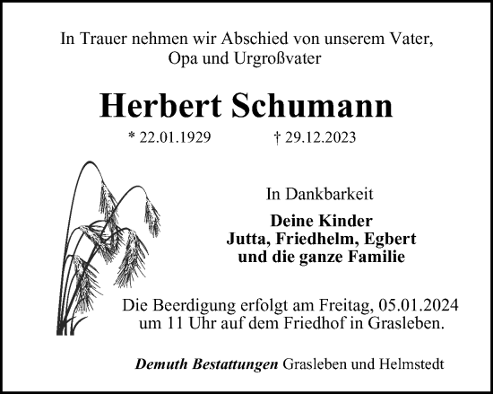 Traueranzeige von Herbert Schumann von Helmstedter Nachrichten