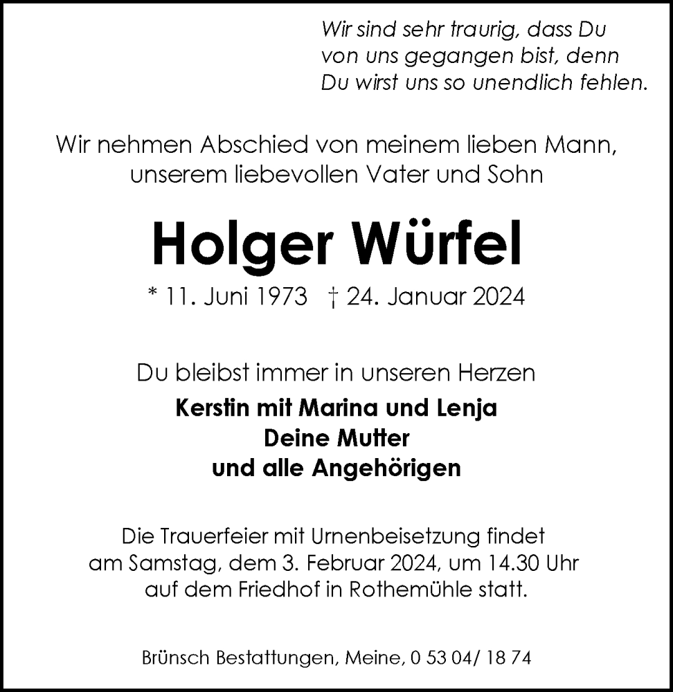  Traueranzeige für Holger Würfel vom 27.01.2024 aus Braunschweiger Zeitung