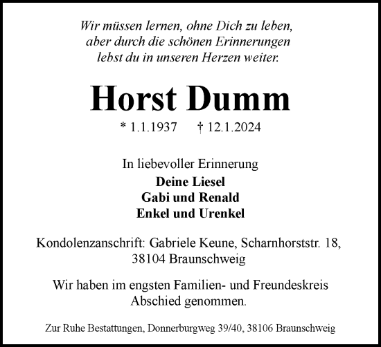 Traueranzeige von Horst Dumm von Braunschweiger Zeitung