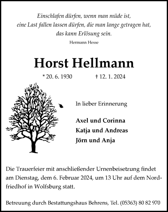 Traueranzeige von Horst Hellmann von Wolfsburger Nachrichten