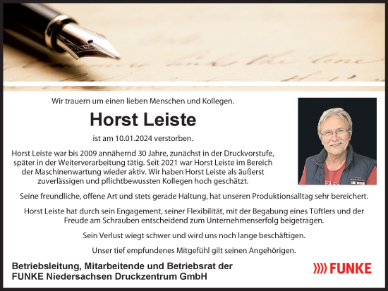 Traueranzeige von Horst Leiste von Braunschweiger Zeitung