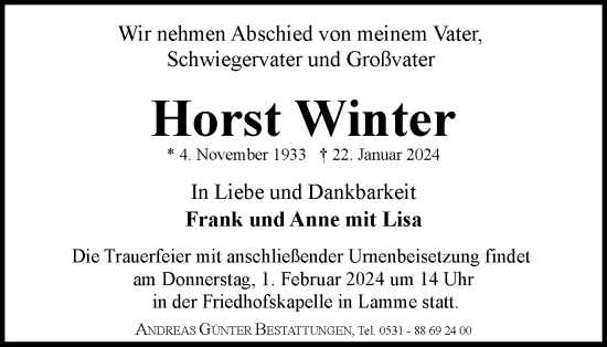 Traueranzeige von Horst Winter von Braunschweiger Zeitung