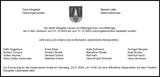 Traueranzeige von Im Gedenken Stadt Salzgitter von Salzgitter-Zeitung
