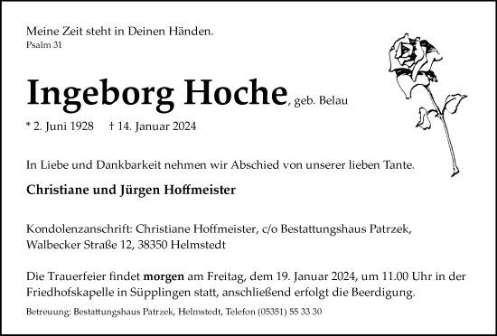 Traueranzeige von Ingeborg Hoche von Helmstedter Nachrichten