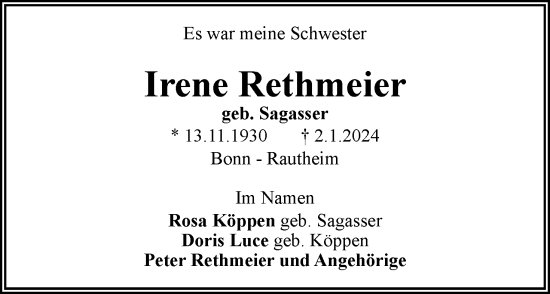 Traueranzeige von Irene Rethmeier von Neue Braunschweiger am Samstag