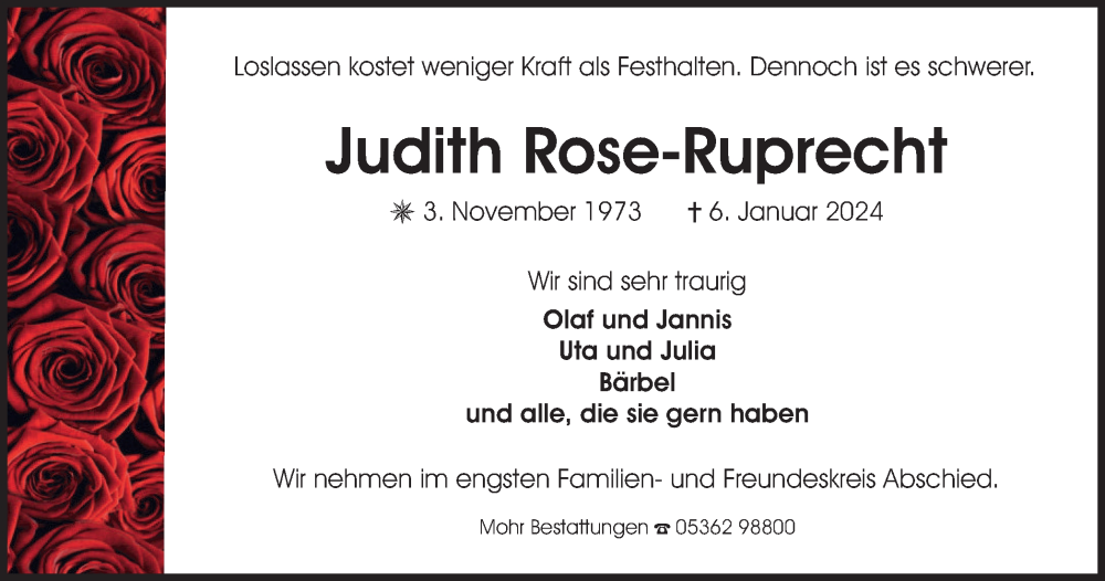  Traueranzeige für Judith Rose-Ruprecht vom 13.01.2024 aus Wolfsburger Nachrichten