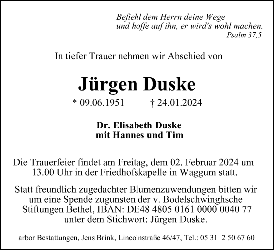 Traueranzeige von Jürgen Duske von Braunschweiger Zeitung