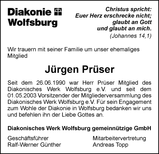 Traueranzeige von Jürgen Prüser von Wolfsburger Nachrichten