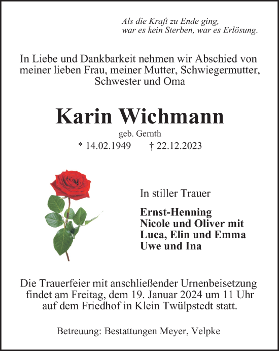 Traueranzeige von Karin Wichmann von Wolfsburger Nachrichten